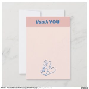 Minnie Mouse Pink Colorblock Girls Birthday Thank You Card