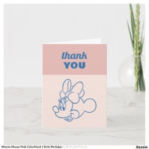 Minnie Mouse Pink Colorblock Girls Birthday Thank You Card
