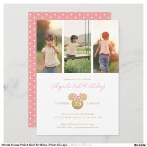 Minnie Mouse Pink & Gold Birthday Photo Collage Invitation