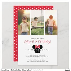 Minnie Mouse Polka Dot Birthday Photo Collage Invitation