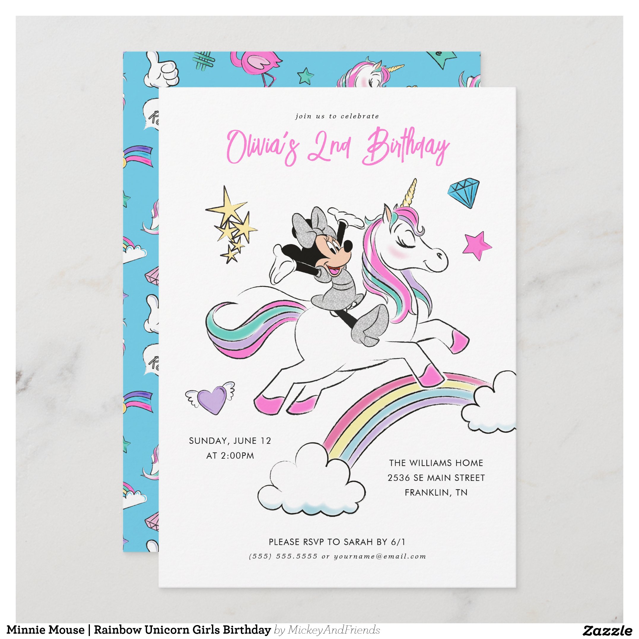 Minnie Mouse Rainbow Unicorn Girls Birthday Invitation