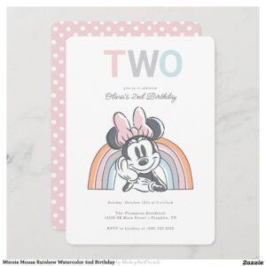 Minnie Mouse Rainbow Watercolor 2nd Birthday Invitation