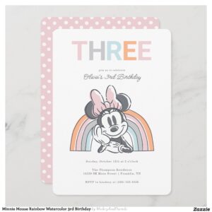 Minnie Mouse Rainbow Watercolor 3rd Birthday Invitation