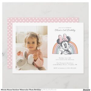 Minnie Mouse Rainbow Watercolor Photo Birthday Invitation