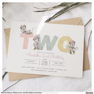 Minnie Mouse Watercolor 2nd Birthday Invitation