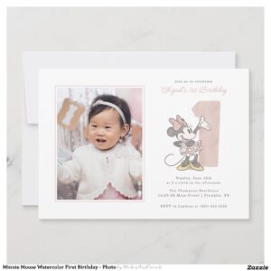 Minnie Mouse Watercolor First Birthday - Photo Invitation