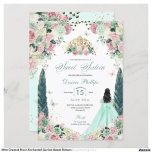 Mint Green & Blush Enchanted Garden Sweet Sixteen Invitation