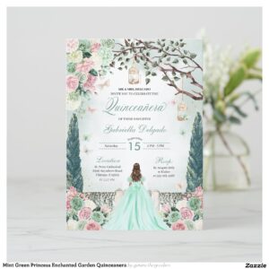 Mint Green Princess Enchanted Garden Quinceanera Invitation