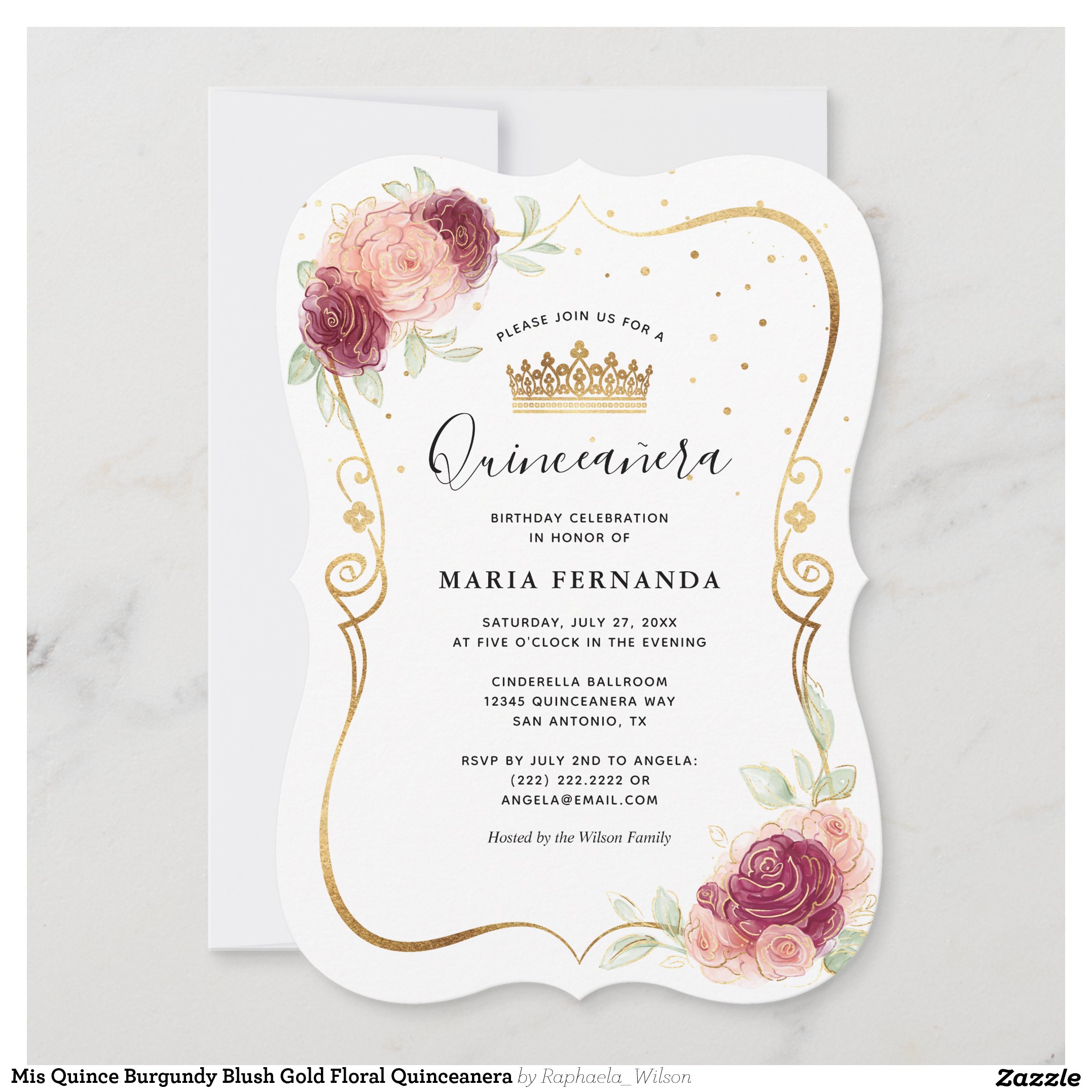 Mis Quince Burgundy Blush Gold Floral Quinceanera Invitation