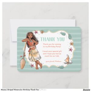 Moana Striped Watercolor Birthday Thank You Invitation