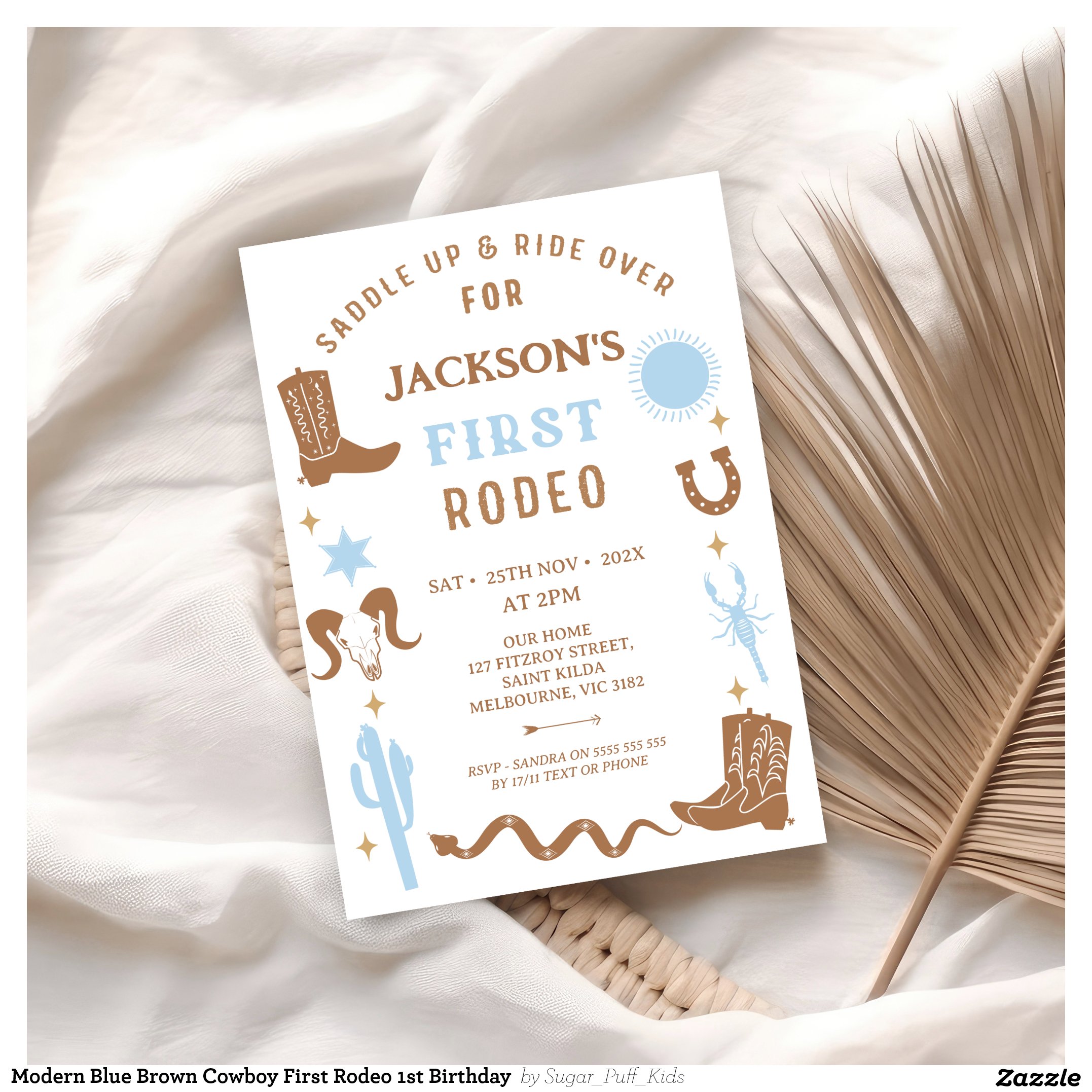Modern Blue Brown Cowboy First Rodeo 1st Birthday Invitation