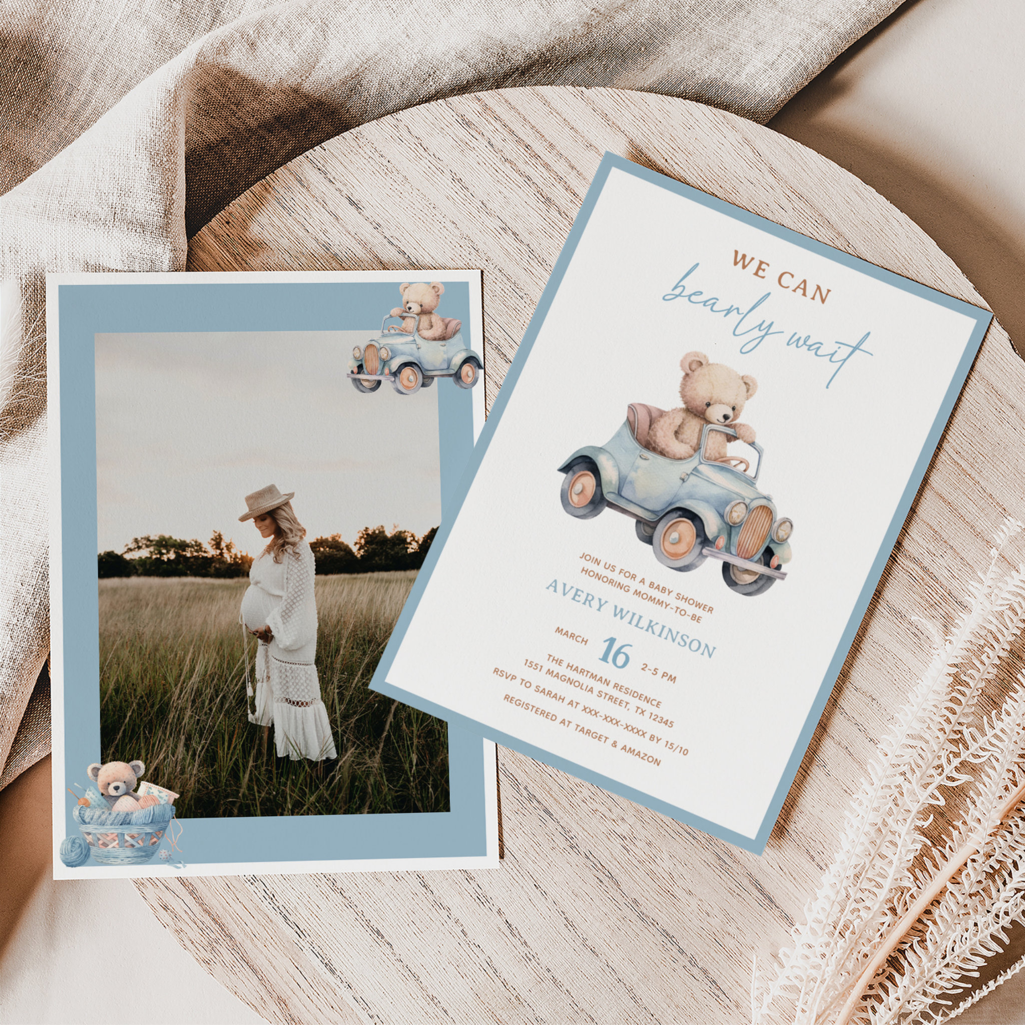 Modern Blue Teddy Bear Photo Boy Baby Shower Invitation