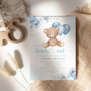 Modern Blue Watercolor Boho Teddy Bear Baby Shower Invitation
