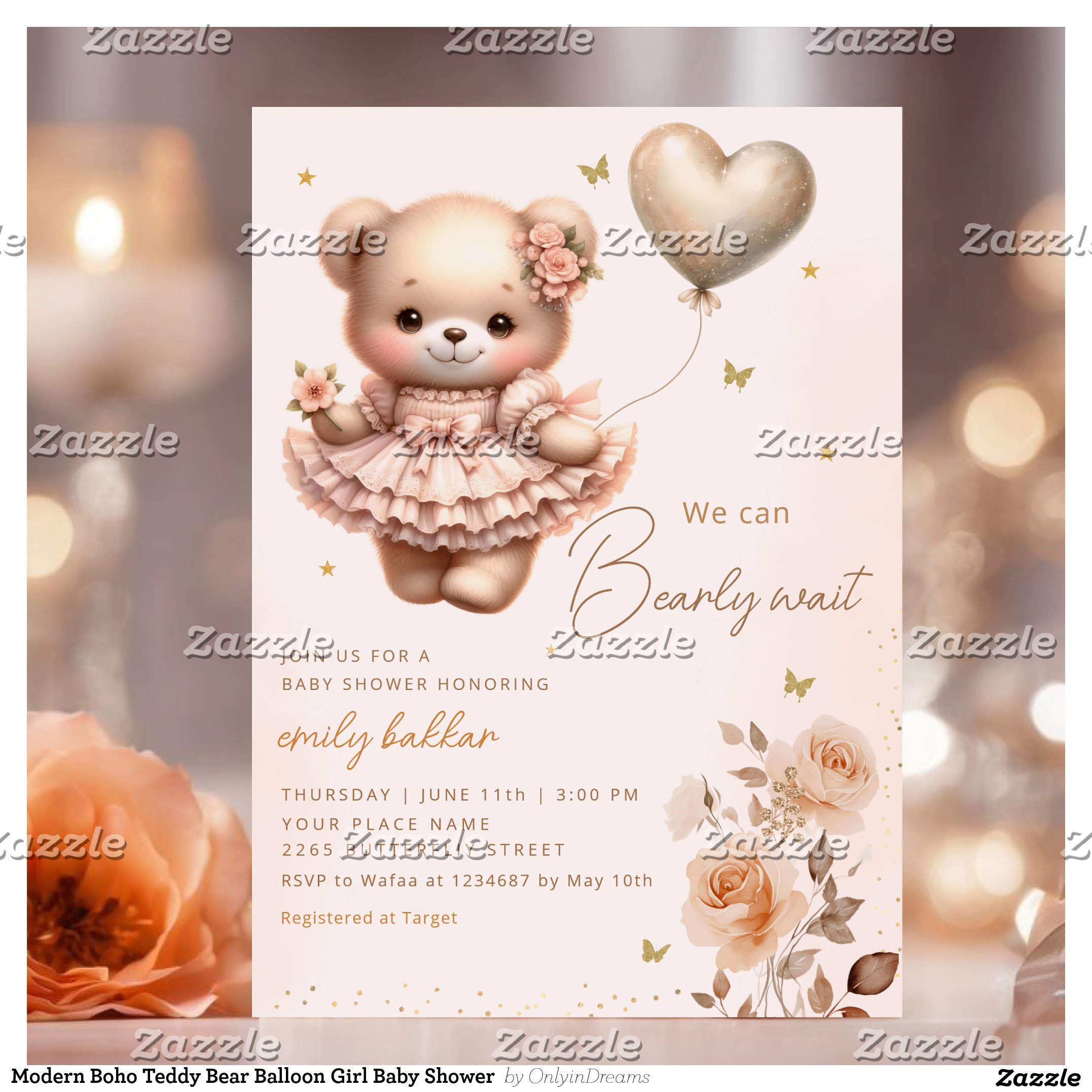 Modern Boho Teddy Bear Balloon Girl Baby Shower Invitation