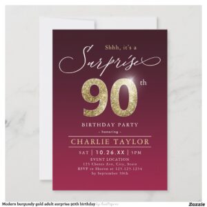 Modern burgundy gold adult surprise 90th birthday invitation