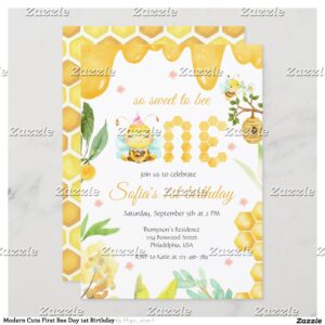 Modern Cute First Bee Day 1st Birthday Invitation