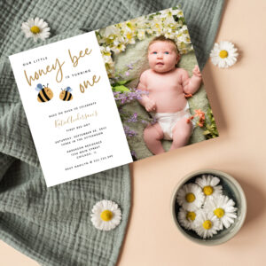 Modern Cute Honey Bee First Birthday Invitation