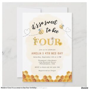 Modern Cute It?s so sweet to bee four birthday Invitation