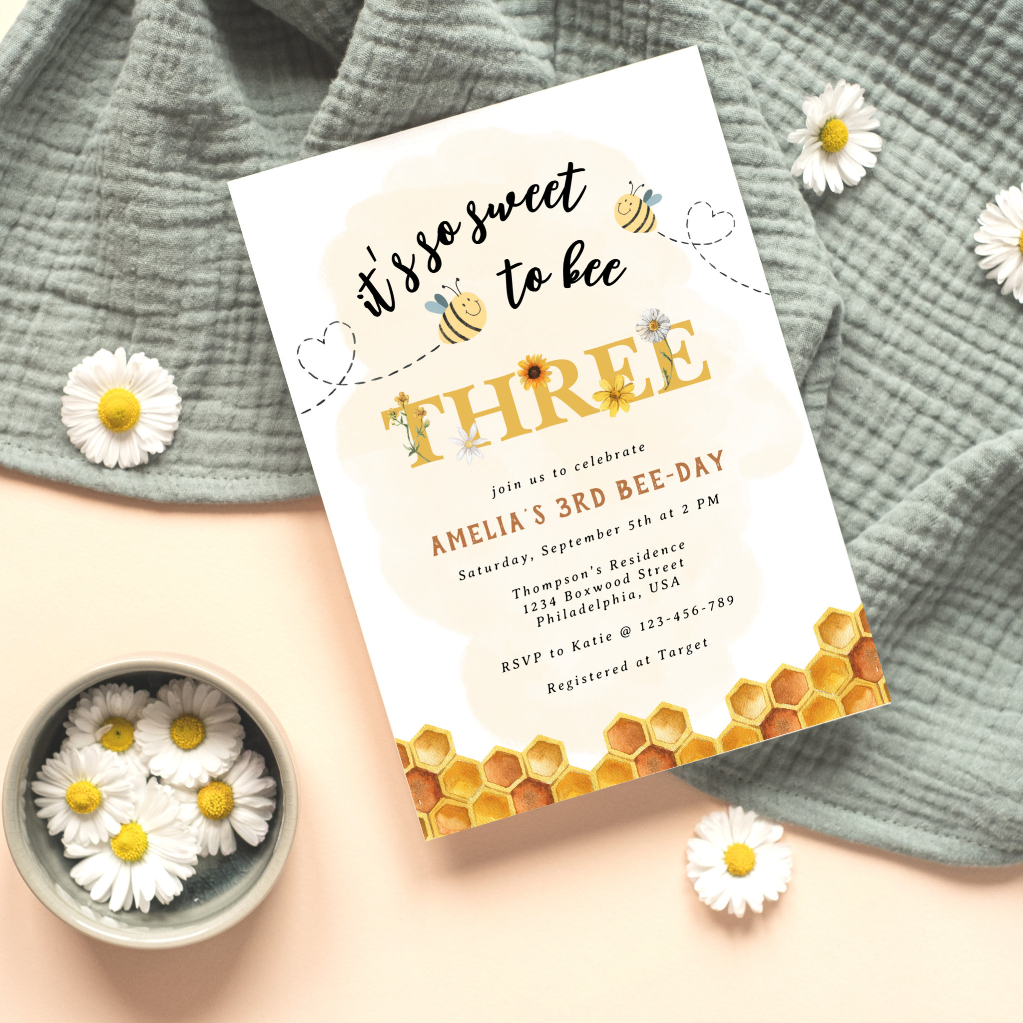 Modern Cute It?s so sweet to bee three birthday Invitation