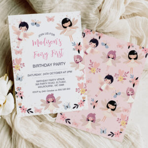 Modern Floral Butterfly Fairy First Birthday Invitation
