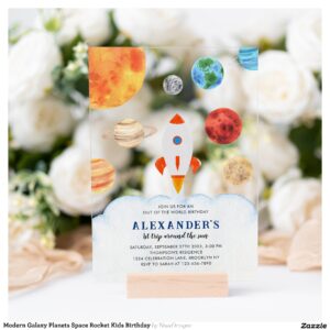 Modern Galaxy Planets Space Rocket Kids Birthday Acrylic Invitations