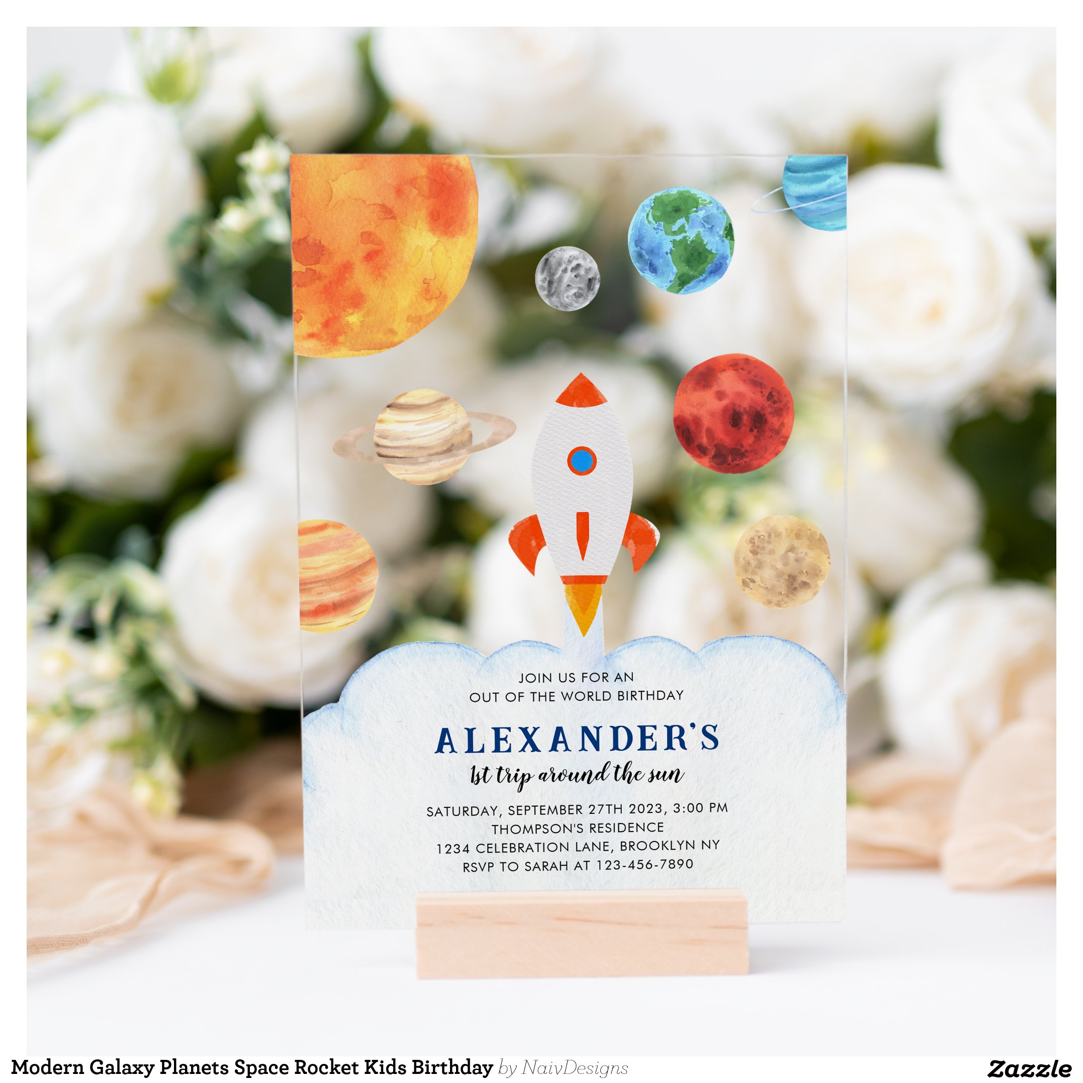 Modern Galaxy Planets Space Rocket Kids Birthday Acrylic Invitations