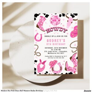 Modern Hot Pink Disco Ball Western Rodeo Birthday Invitation