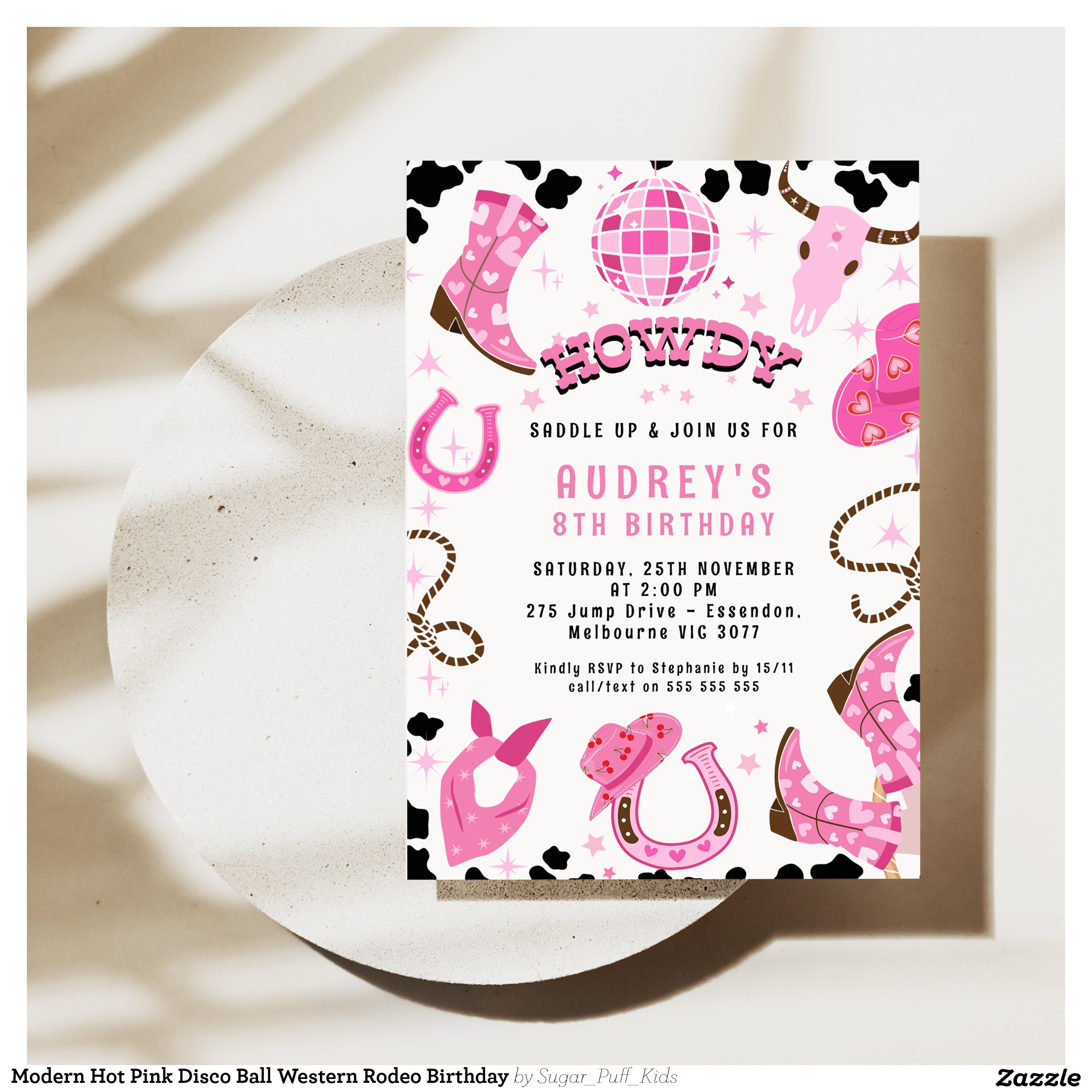 Modern Hot Pink Disco Ball Western Rodeo Birthday Invitation