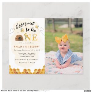 Modern It?s so sweet to bee first birthday Photo Invitation Postcard
