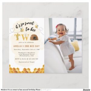 Modern It?s so sweet to bee second birthday Photo Invitation Postcard