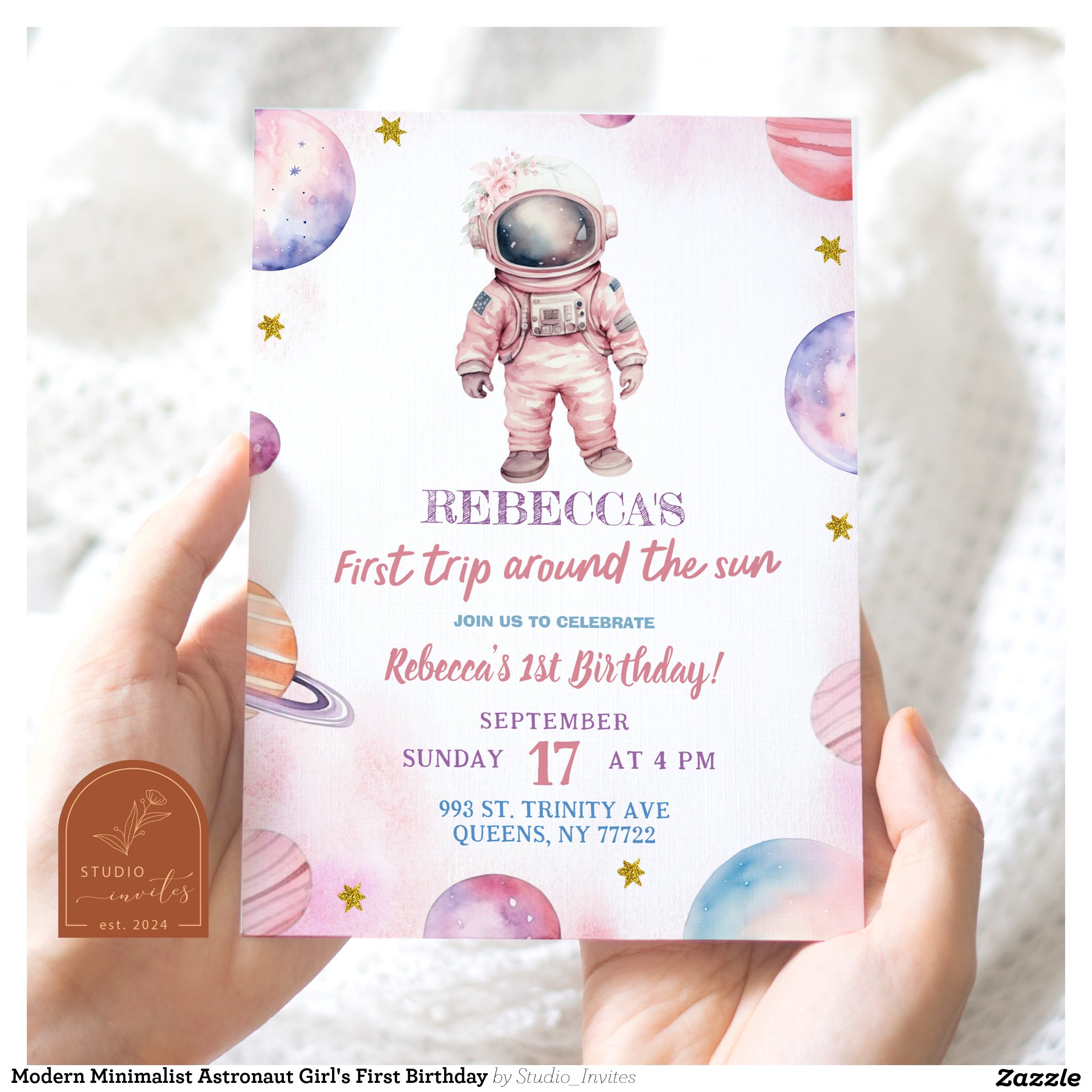Modern Minimalist Astronaut Girl's First Birthday Invitation