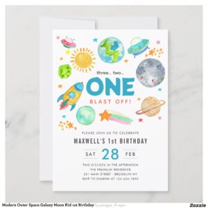 Modern Outer Space Galaxy Moon Kid 1st Birthday Invitation