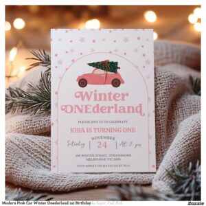 Modern Pink Car Winter Onederland 1st Birthday Invitation