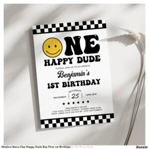 Modern Retro One Happy Dude Boy First 1st Birthday Invitation