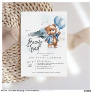 Modern Teddy Bear Baby boy Shower Invitation