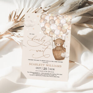 Modern Teddy Bear Hot Air Balloons Baby Shower Invitation
