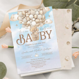 Modern teddy bear watercolor baby shower invitation