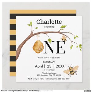 Modern Turning One Black Yellow Bee Birthday Invitation
