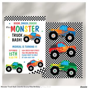 Monster Truck Bash Colorful Groovy Kids Birthday Invitation