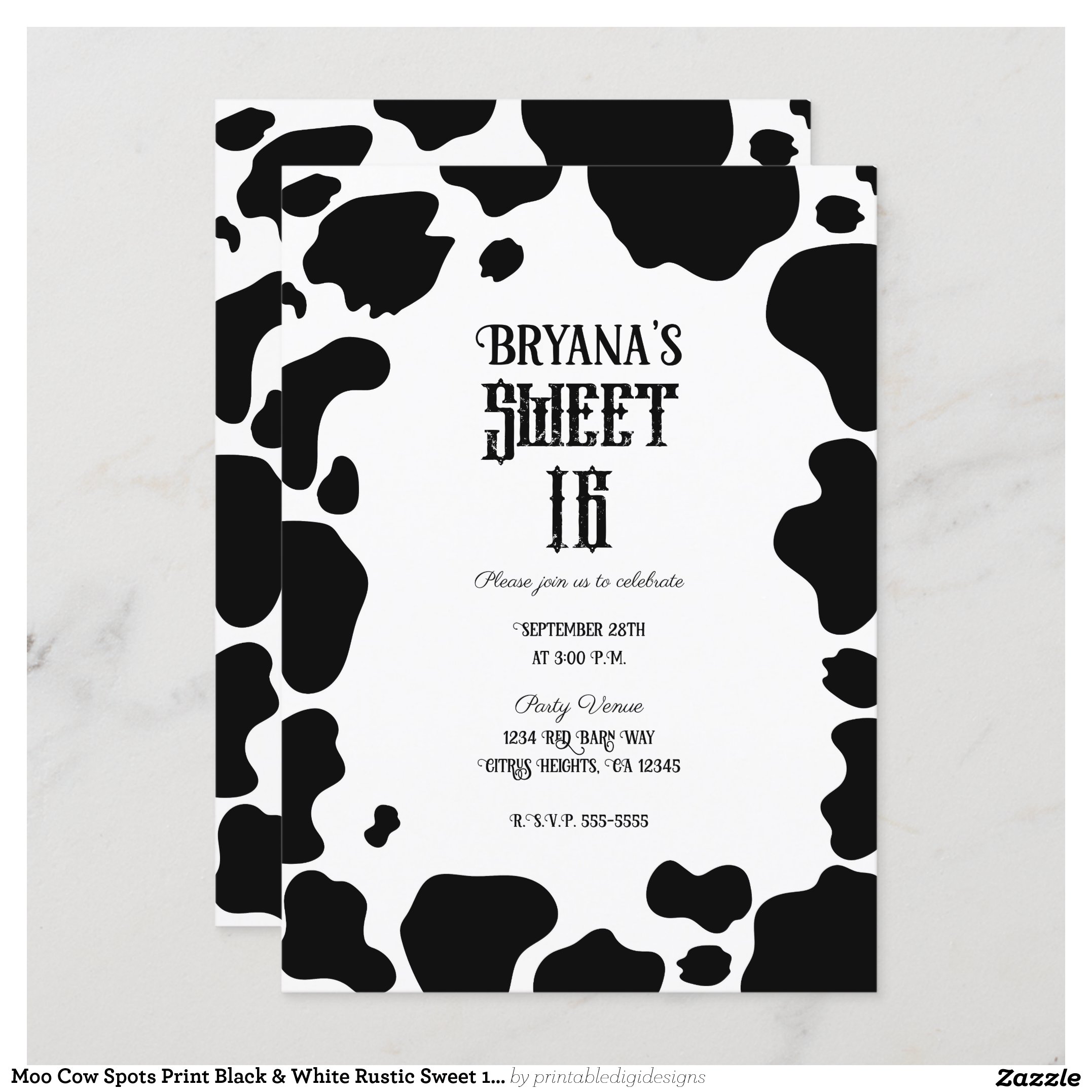 Moo Cow Spots Print Black & White Rustic Sweet 16 Invitation