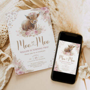 Moo Moo Boho Pampas Rose Highland Cow 2nd Birthday Invitation