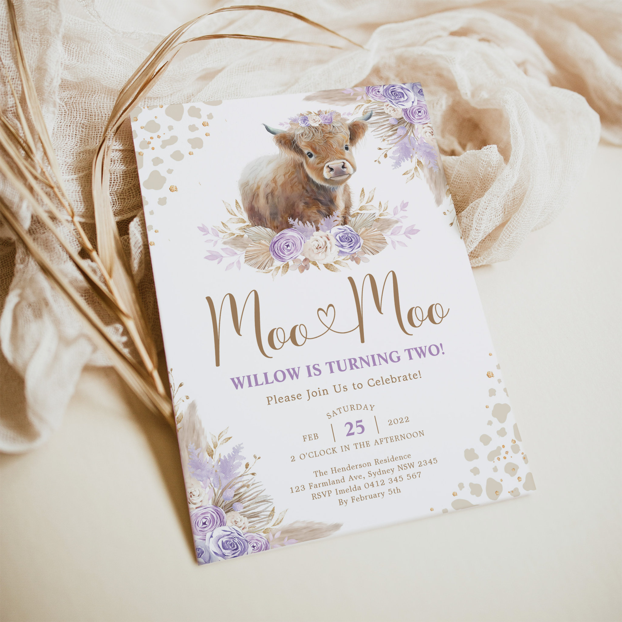 Moo Moo Boho Purple Highland Cow 2nd Birthday Invitation