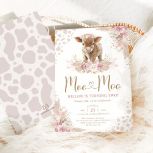 Moo Moo Pink Boho Cow Pampas Grass 2nd Birthday Invitation