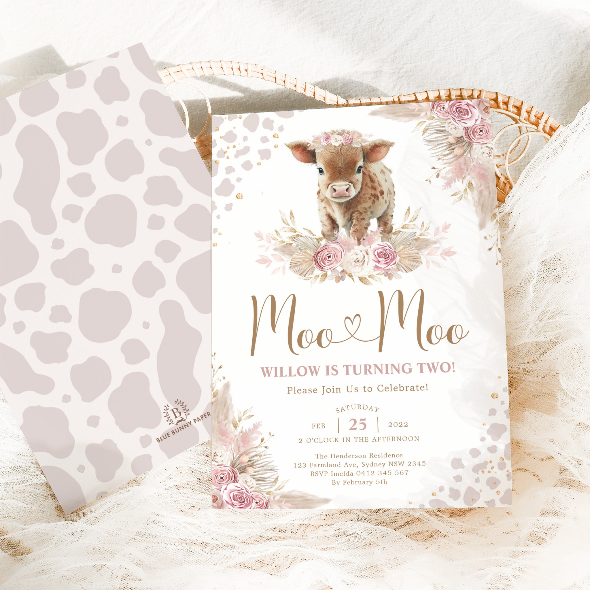 Moo Moo Pink Boho Cow Pampas Grass 2nd Birthday Invitation