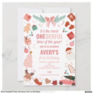 Most Onedeful Time Christmas Girl 1st Birthday Invitation