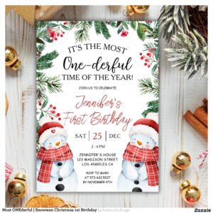 Most ONEderful Snowman Christmas 1st Birthday Invitation
