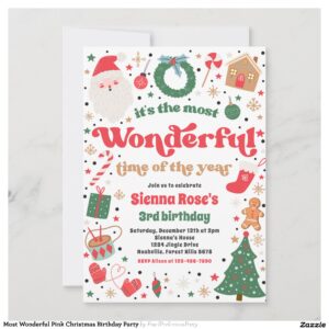 Most Wonderful Pink Christmas Birthday Party Invitation
