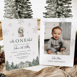 Mountain Winter Onederland 1st Birthday Photo Invitation