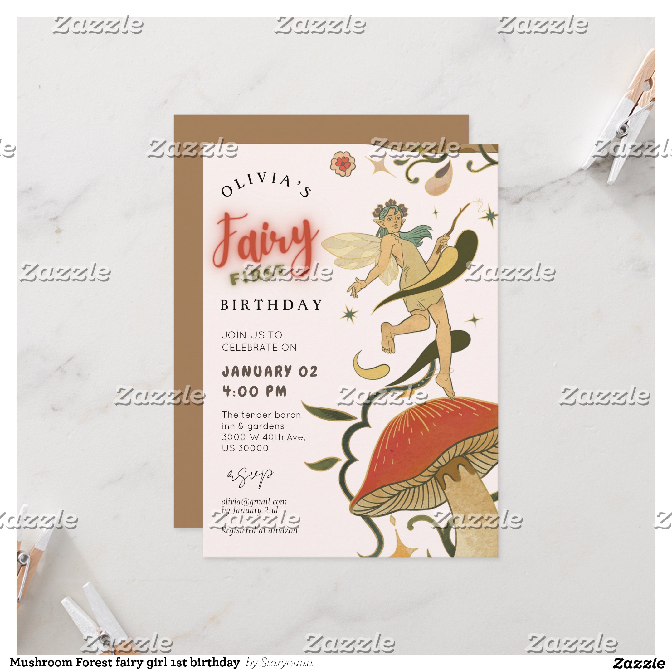 Mushroom Forest fairy girl 1st birthday Invitation