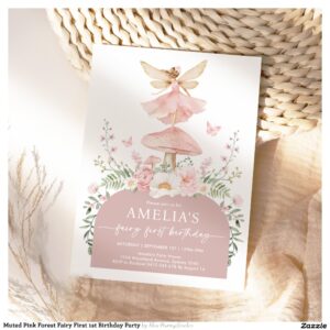 Muted Pink Forest Fairy First 1st Birthday Party Invitation